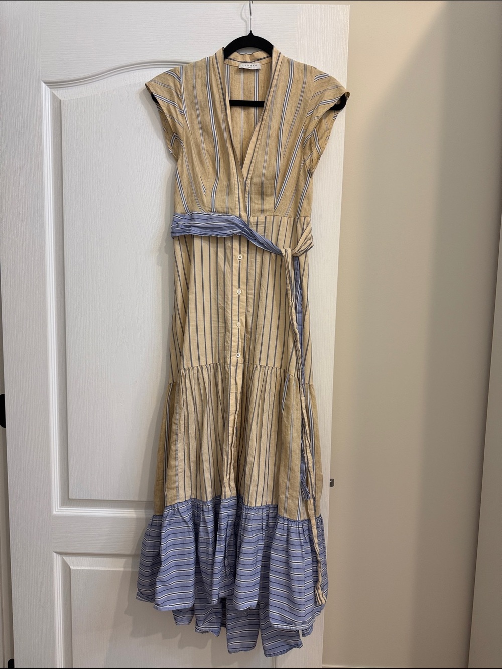 Sandro Striped Beige and Blue V-Neck Maxi Dress with Tie Waist